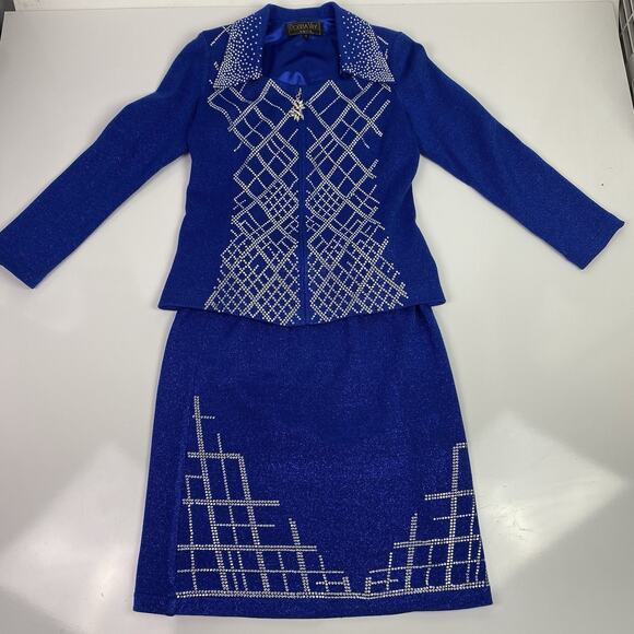 STUNNING rhinestone Donna Vinci Knits Church Skirt Suit 8 Blue Wool Blend Jewels - Picture 3 of 16